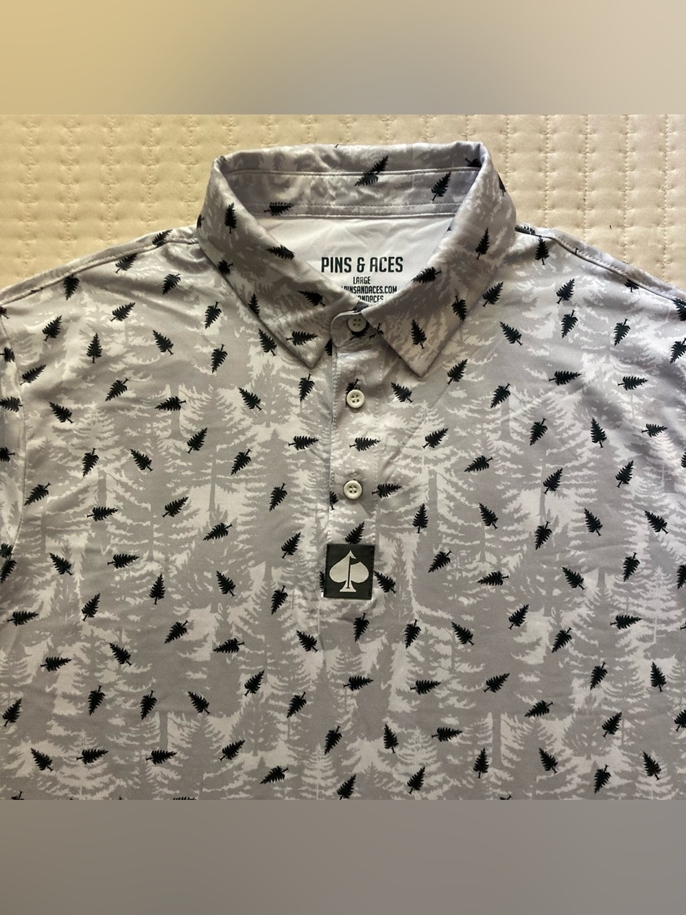 Pins and Aces Golf Performance Polo Shirt Mens Large White Green Tree AOP